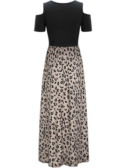 Leopard Round Neck Cold Shoulder Dress