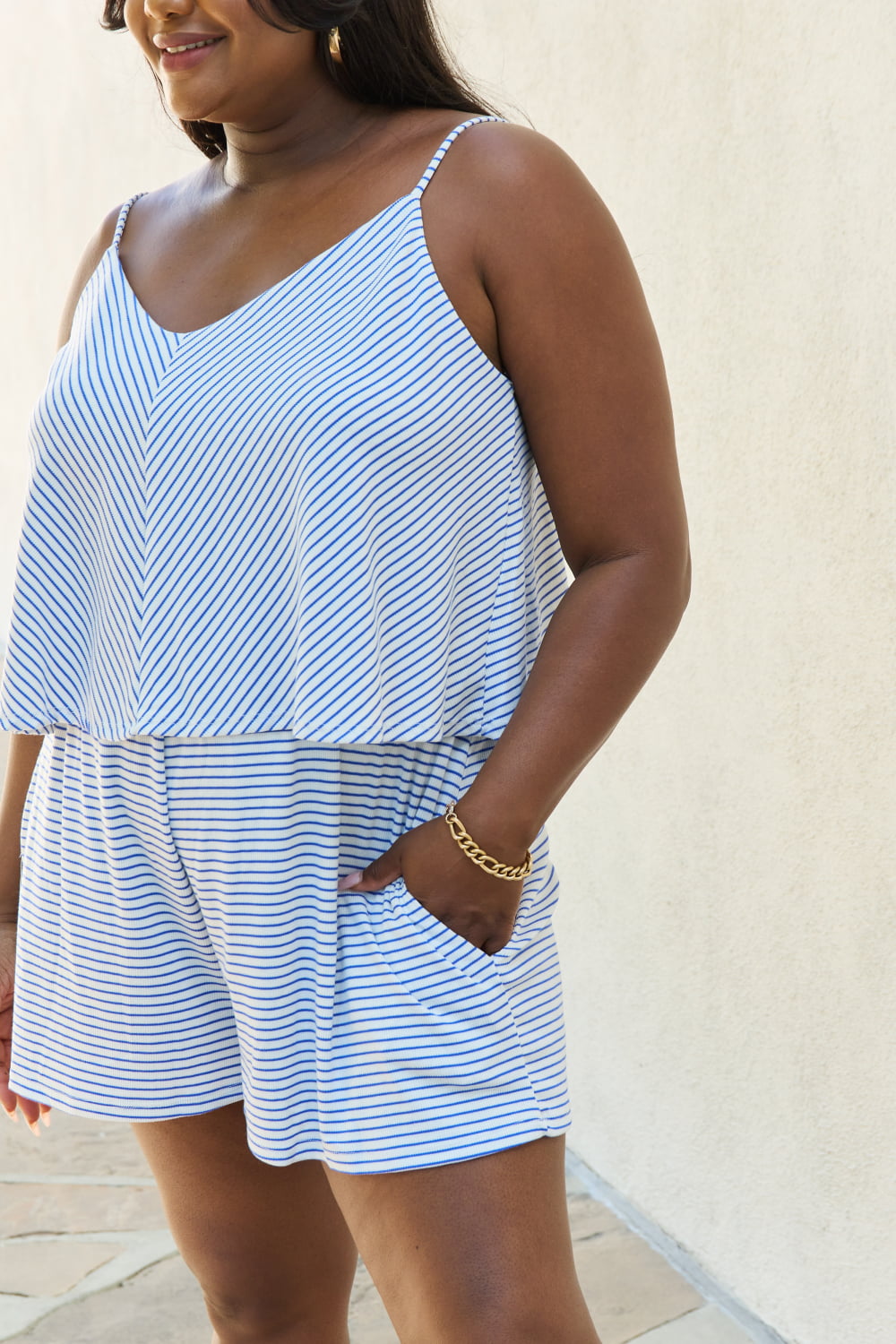 Culture Code Let It Happen Full Size Double Flare Striped Romper in Cobalt Blue