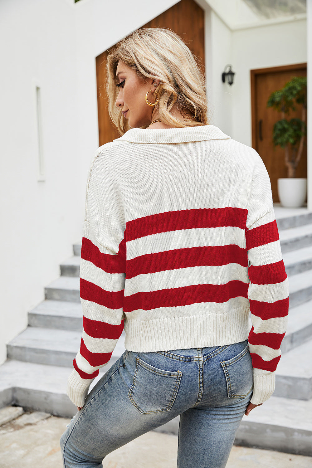 Striped Collared Neck Drop Shoulder Knit Top