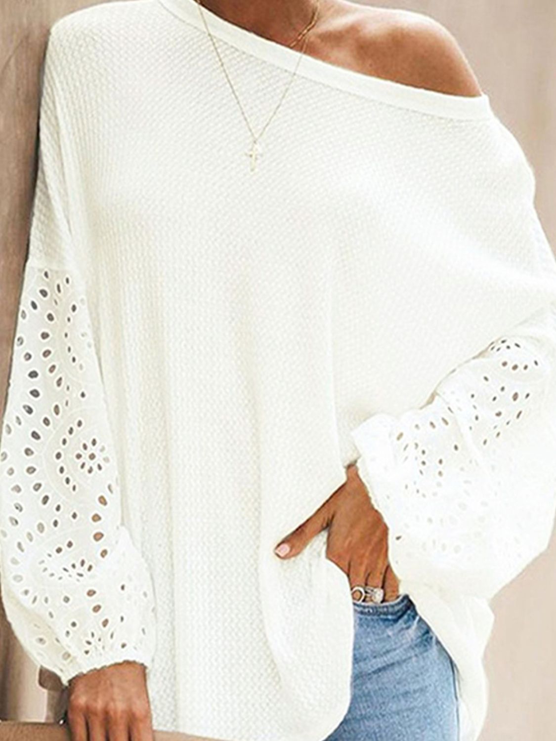 Openwork Dropped Shoulder Boat Neck Blouse