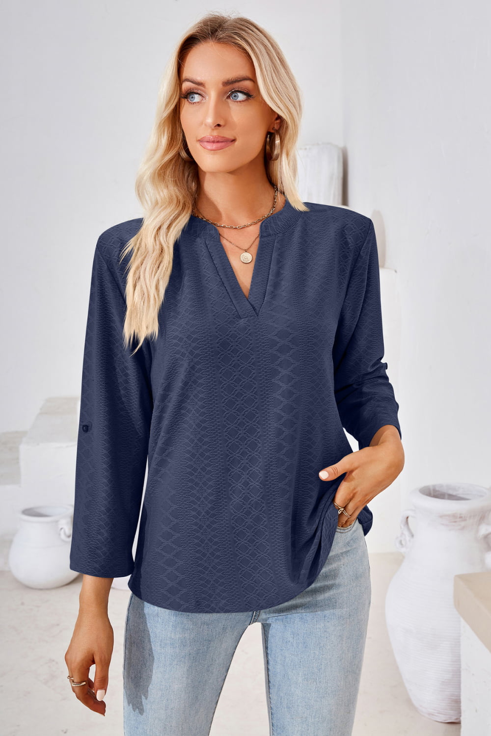 V-Neck Roll-Tap Sleeve Blouse