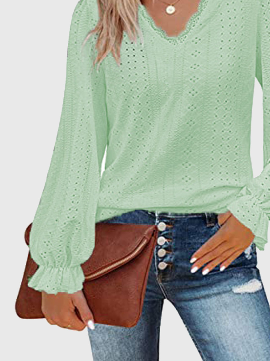 Eyelet V-Neck Flounce Sleeve Blouse