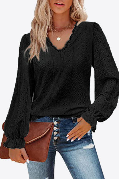 Eyelet V-Neck Flounce Sleeve Blouse