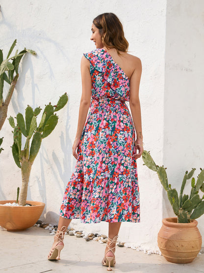 Ruffled Printed One Shoulder Midi Dress