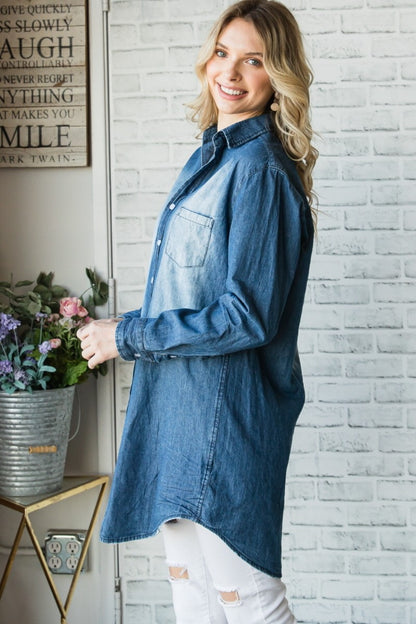 Veveret Pocketed Button Up Washed Denim Shirt