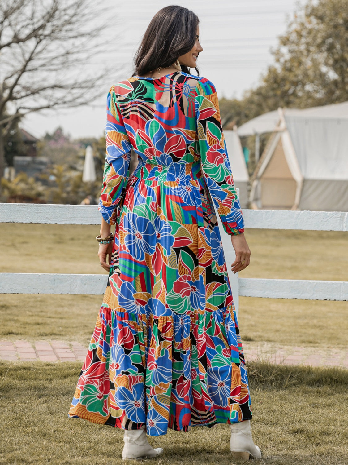 Printed Smocked Tie Neck Balloon Sleeve Maxi Dress