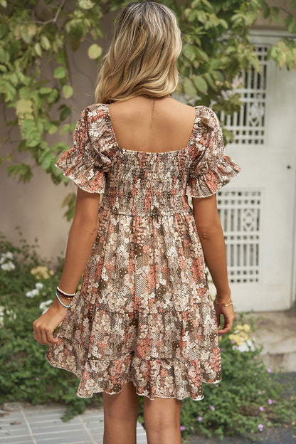 Smocked Printed Flounce Sleeve Mini Dress