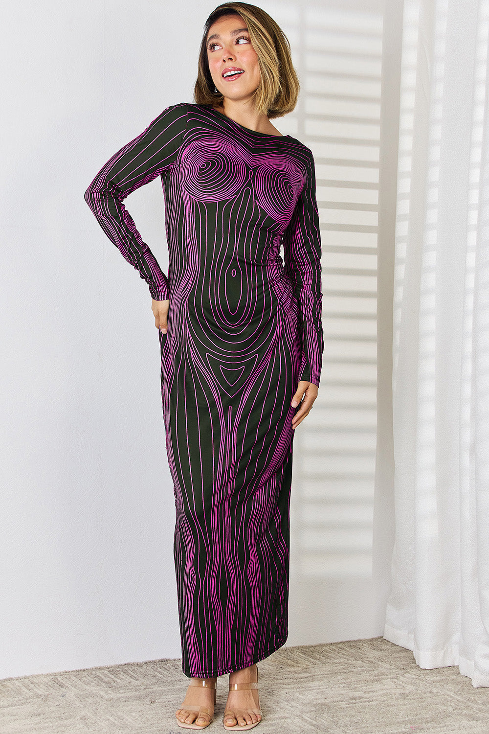 Cutout Round Neck Long Sleeve Maxi Dress