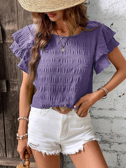 Round Neck Flounce Sleeve Blouse