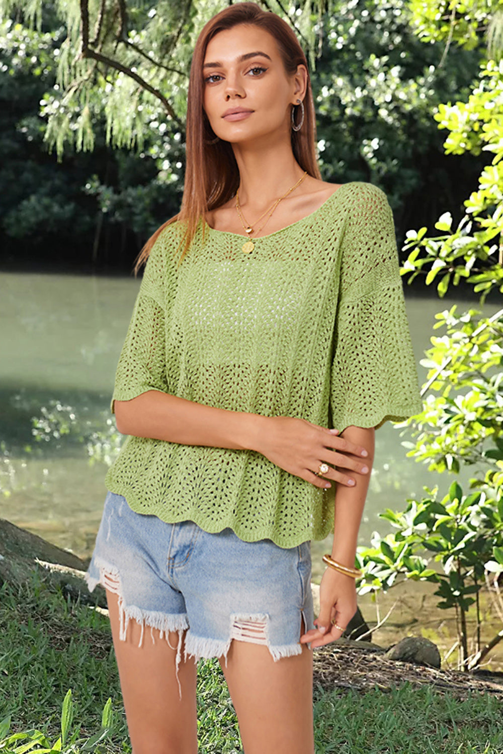 Openwork Round Neck Half Sleeve Knit Top