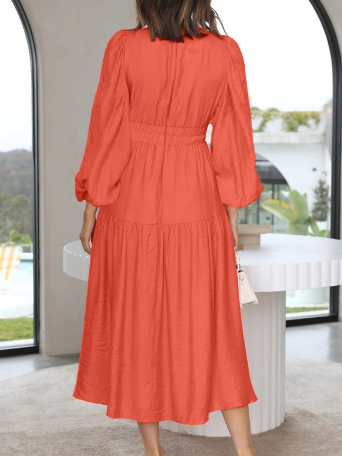 Deep V-Neck Balloon Sleeve Plain Maxi Dress