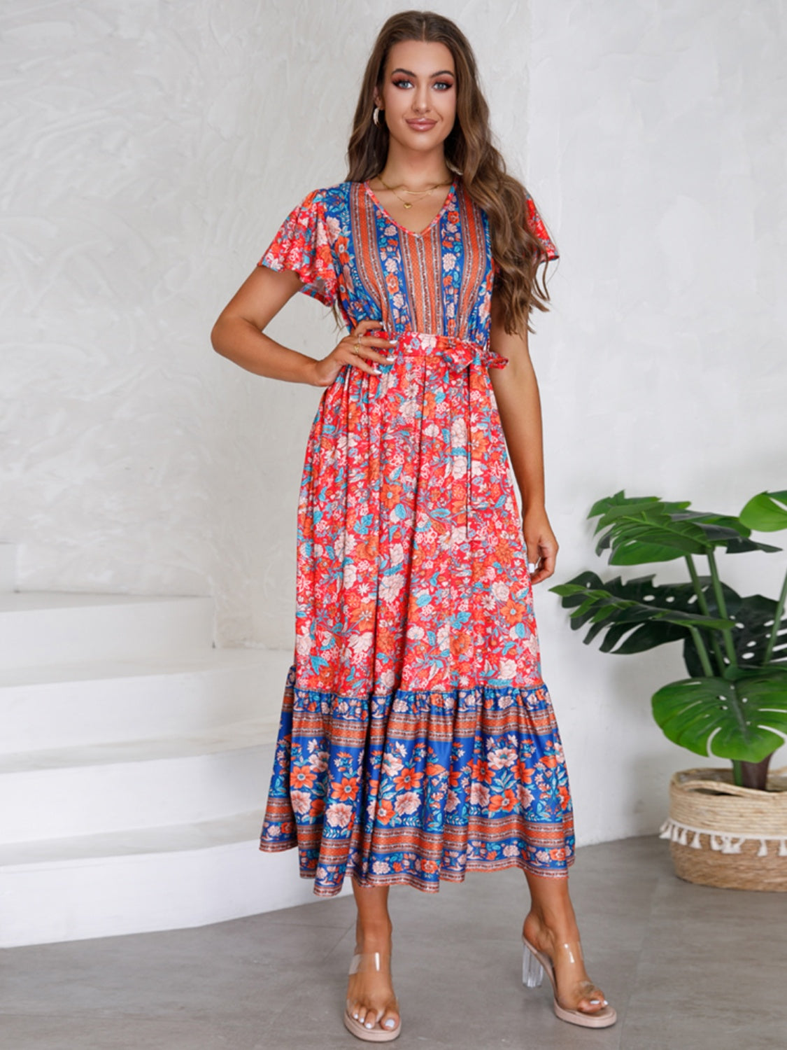 Tied Printed V-Neck Short Sleeve Dress