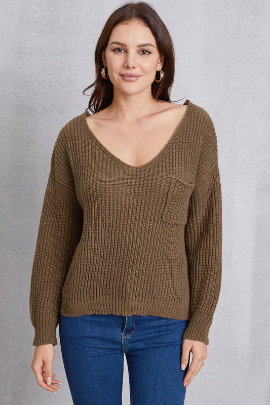 V-Neck Pocketed Dropped Shoulder Knit Top