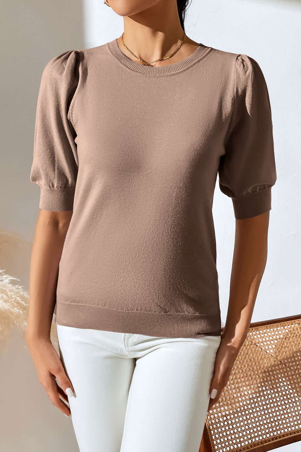 Round Neck Puff Sleeve Knit Top