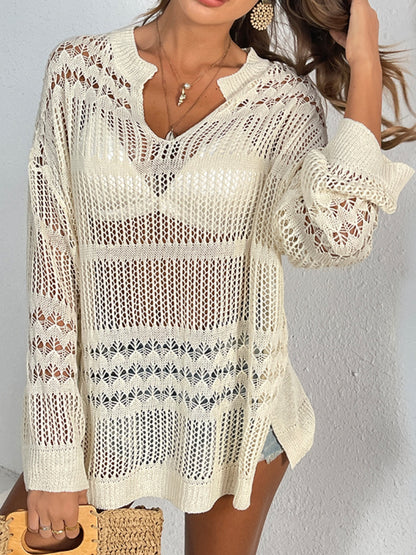 Cutout Notched Long Sleeve Cover-Up