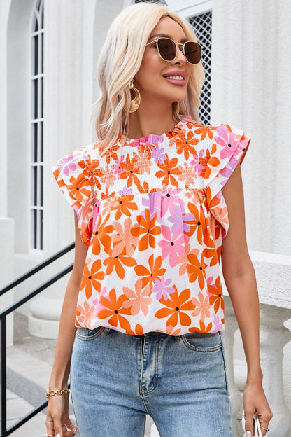 Printed Round Neck Cap Sleeve Blouse