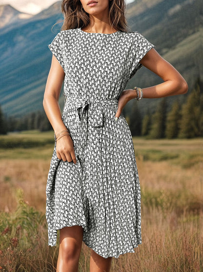 Printed Cap Sleeve Tie Waist Dress