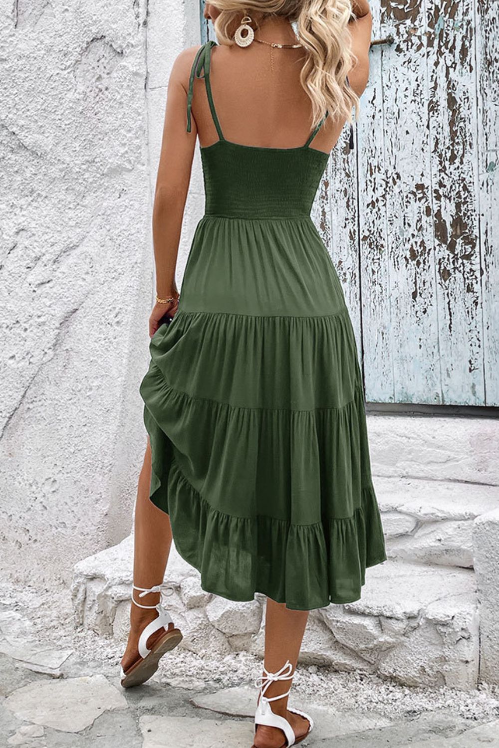 Tie-Shoulder Tiered Midi Dress