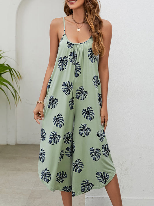 Botanical Print Spaghetti Strap Scoop Neck Jumpsuit