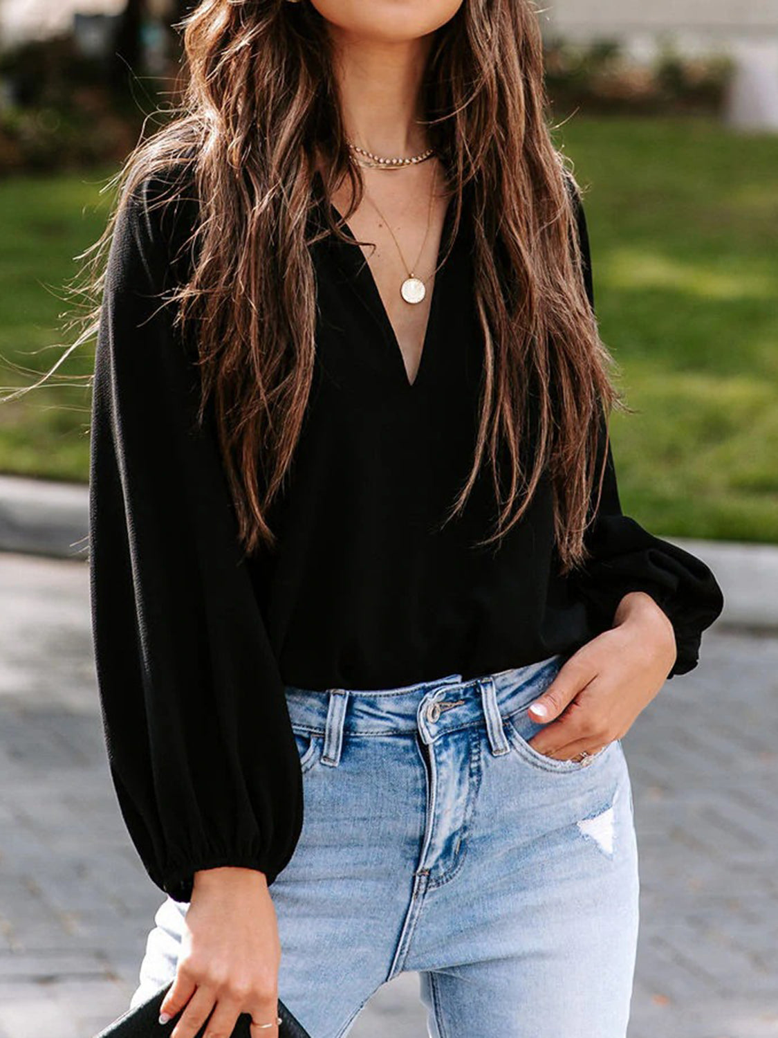 Notched Neck Long Sleeve Blouse