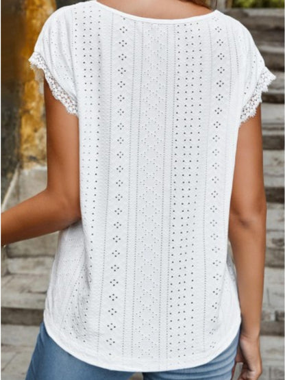 Eyelet V-Neck Cap Sleeve Blouse