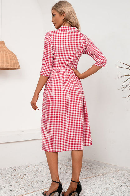 Plaid Collared Neck Midi Dress