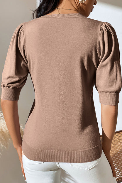 Round Neck Puff Sleeve Knit Top