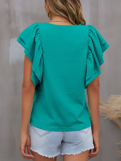 Round Neck Flounce Sleeve Blouse