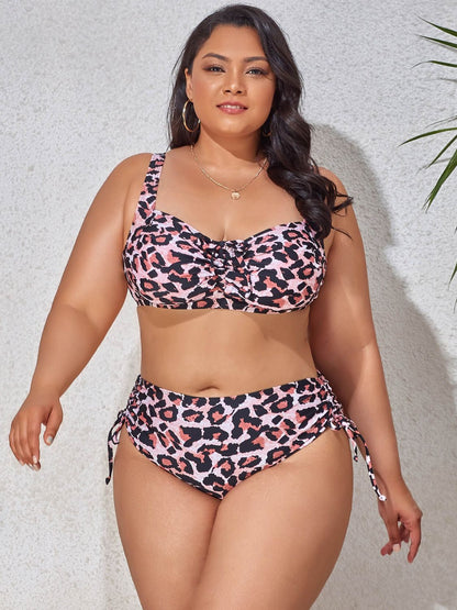 Plus Size Printed Drawstring Detail Bikini Set