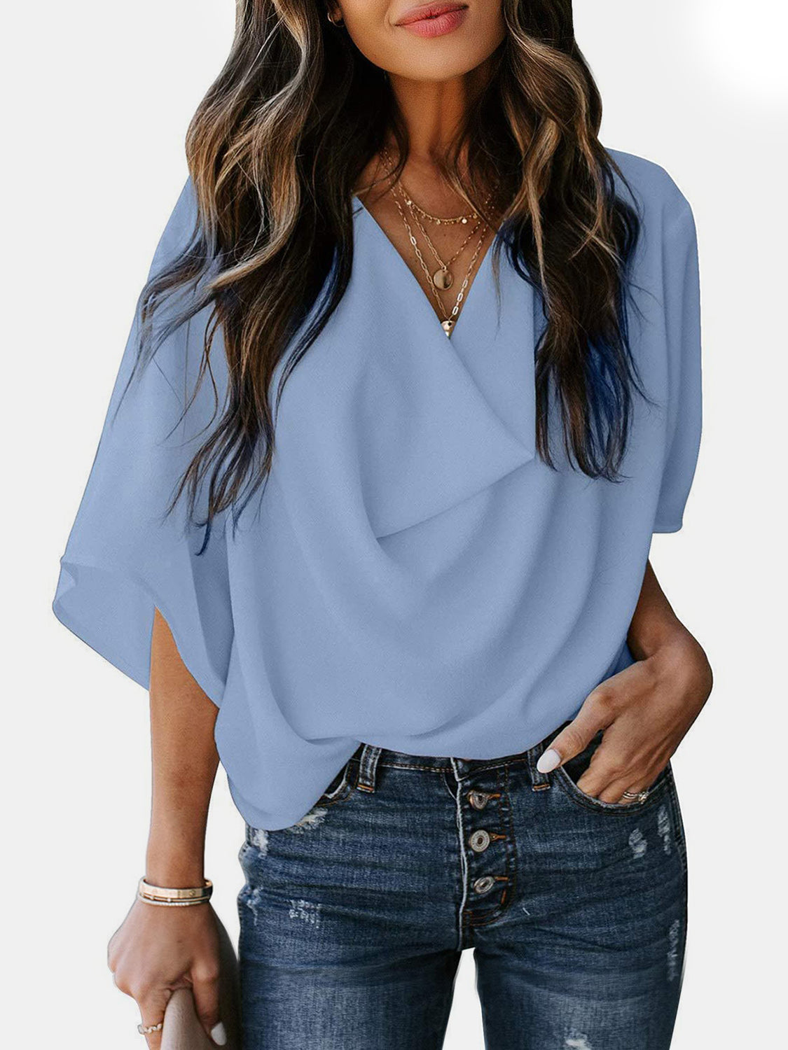 Full Size Cowl Neck Three-Quarter Sleeve Blouse