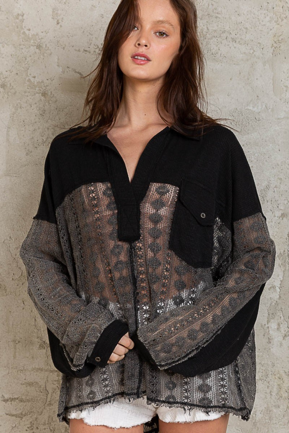 POL Johnny Collar Long Sleeve Lace Blouse