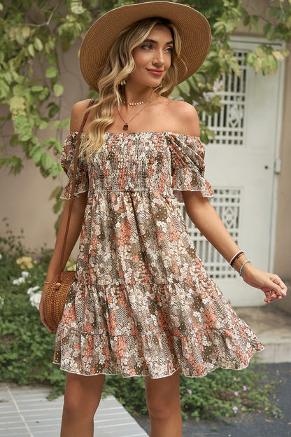 Smocked Printed Flounce Sleeve Mini Dress