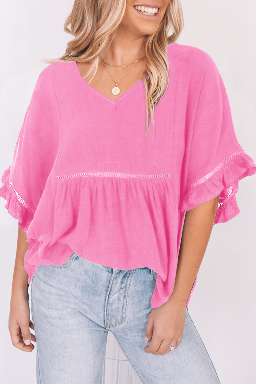 V-Neck Flounce Sleeve Babydoll Blouse