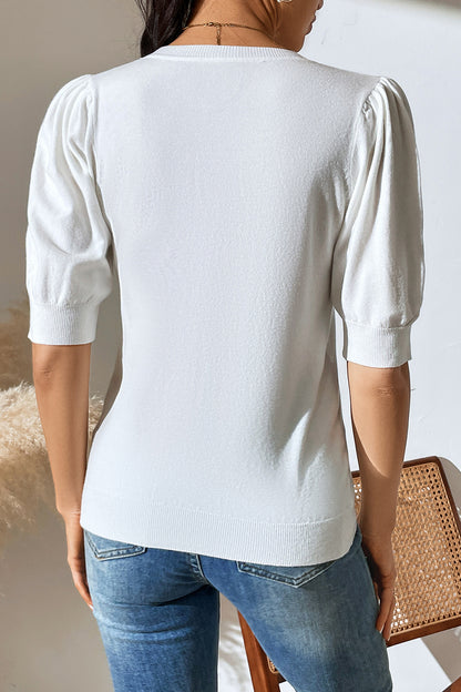 Round Neck Puff Sleeve Knit Top