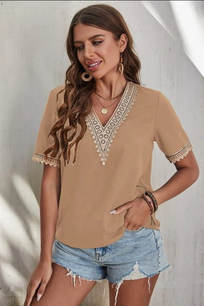 Full Size Lace Detail V-Neck Short Sleeve Blouse