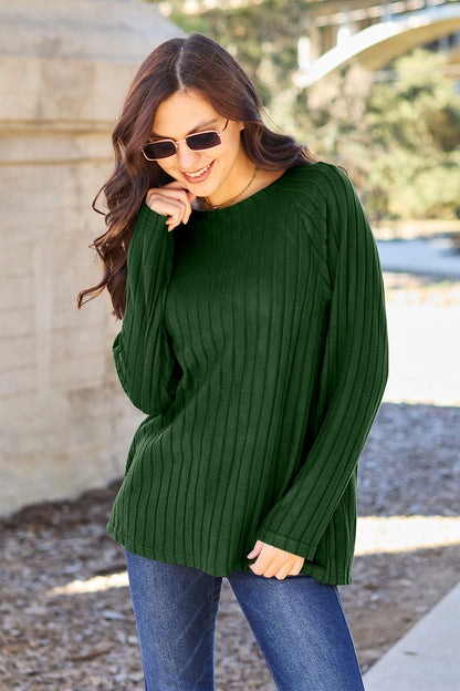 Basic Bae Full Size Ribbed Round Neck Long Sleeve Knit Top