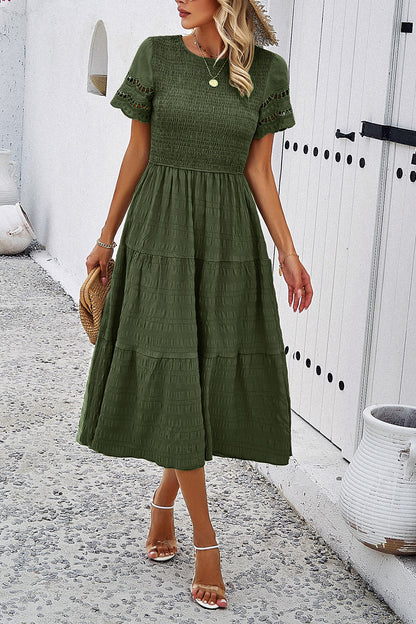 Smocked Round Neck Short Sleeve Midi Dress