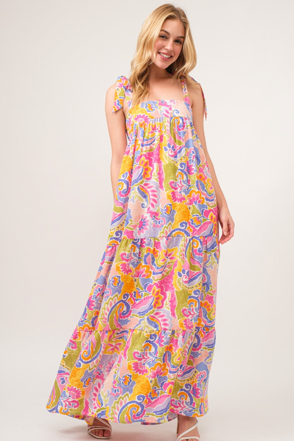 And The Why Full Size Printed Tie Shoulder Tiered Maxi Dress