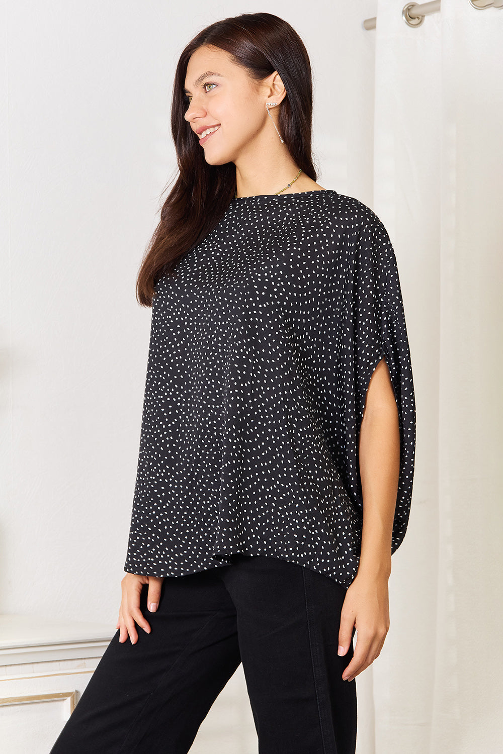 Printed Dolman Sleeve Round Neck Blouse