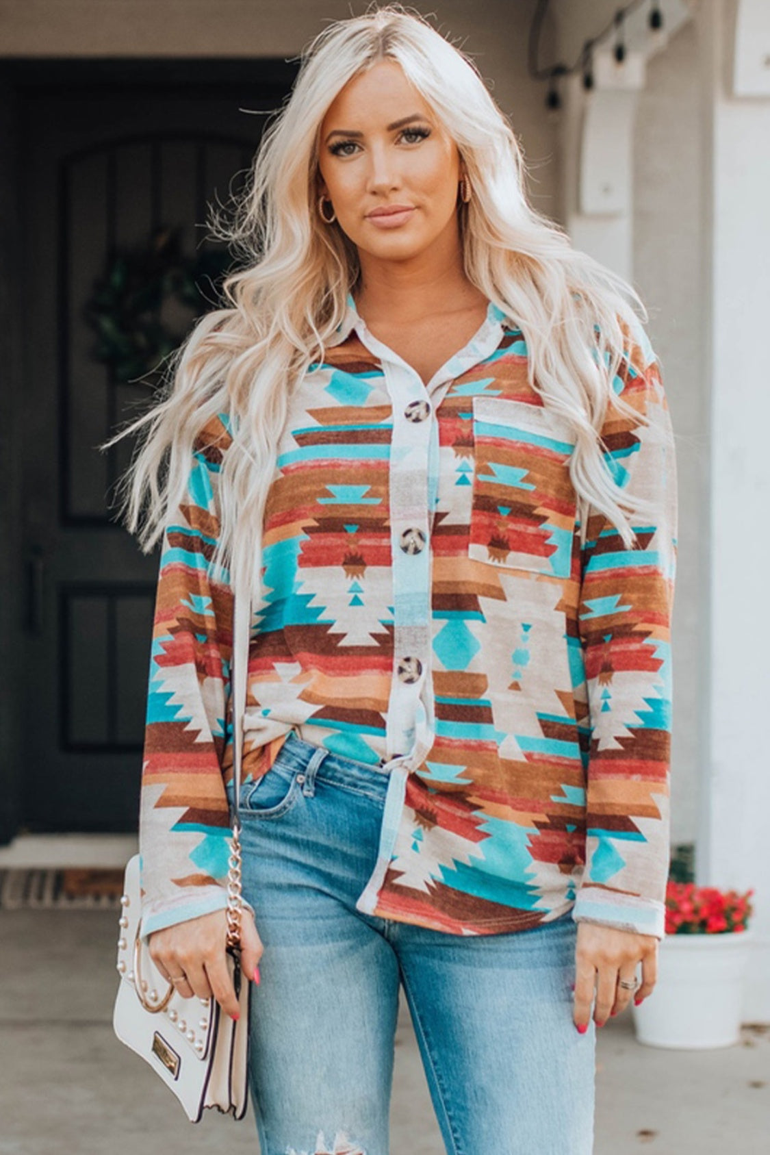 Printed Button Up Long Sleeve Shirt