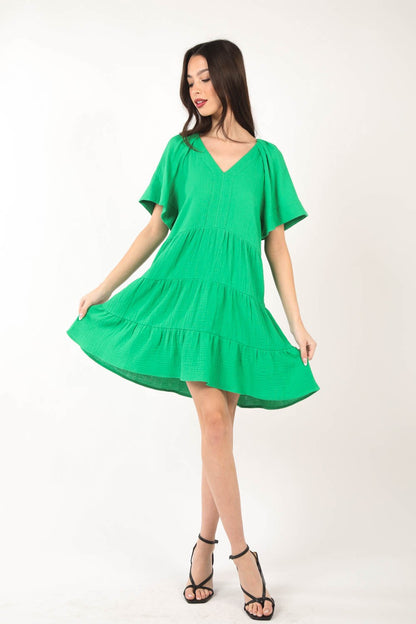 VERY J Texture V-Neck Ruffled Tiered Dress