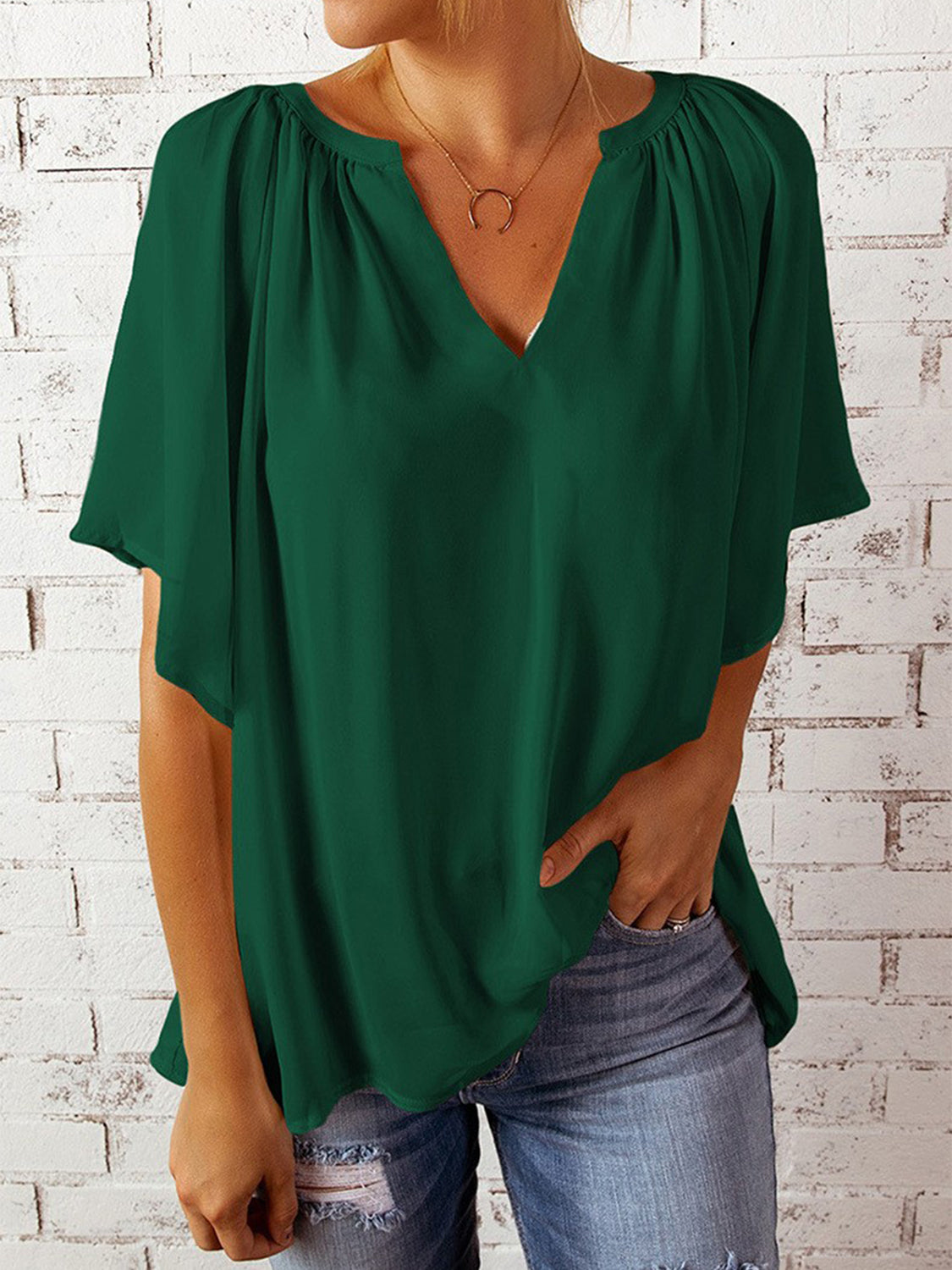 Ruched Notched Half Sleeve Blouse