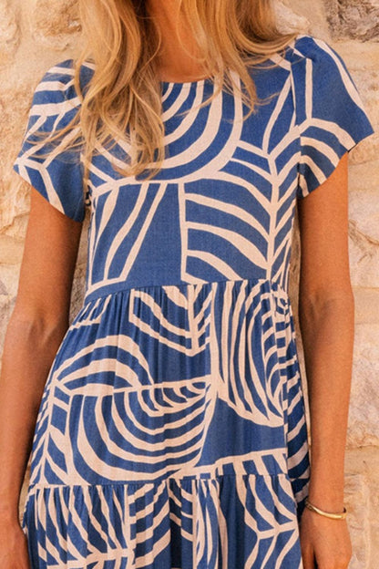 Tiered Printed Round Neck Short Sleeve Dress