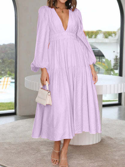 Deep V-Neck Balloon Sleeve Plain Maxi Dress