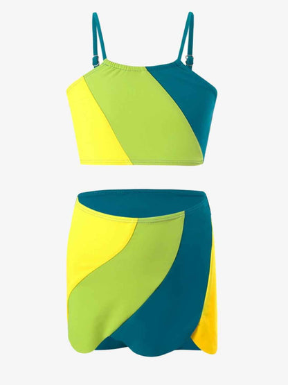 Color Block Top, Brief and Skirt Swim Set