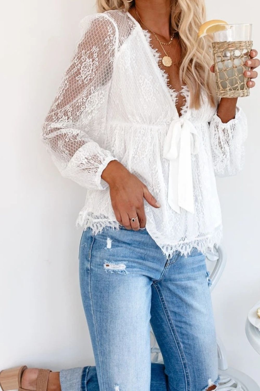 Lace Detail Plunge Long Sleeve Blouse