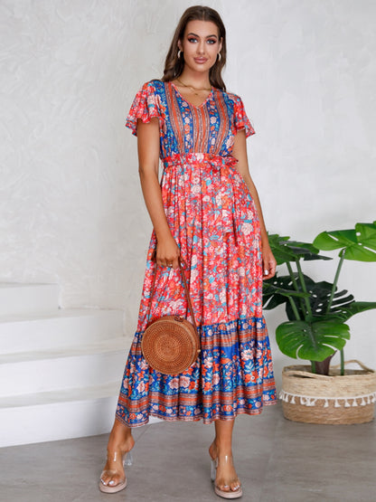 Tied Printed V-Neck Short Sleeve Dress