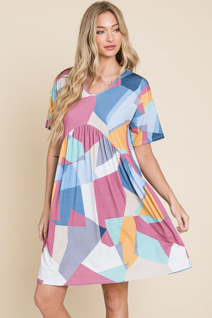 BOMBOM Ruched Color Block Short Sleeve Dress