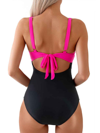 Tied Cutout Contrast One-Piece Swimwear