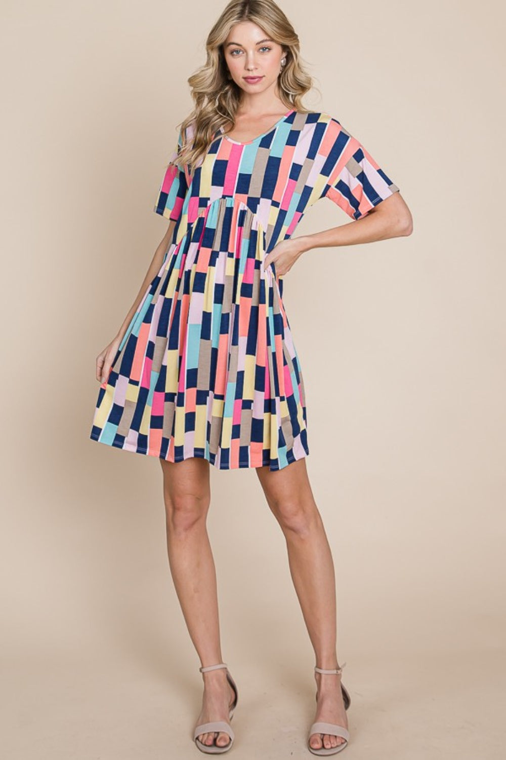 BOMBOM Ruched Color Block Short Sleeve Mini Dress